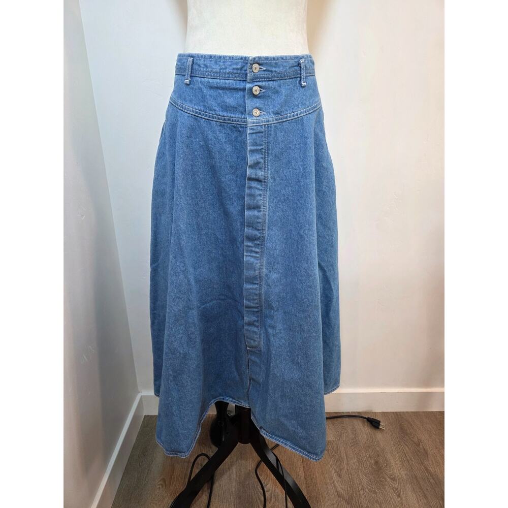 VTG Lizwear Jean Denim Skirt Sz 12 Medium Blue Maxi Button Front Flare Trumpet